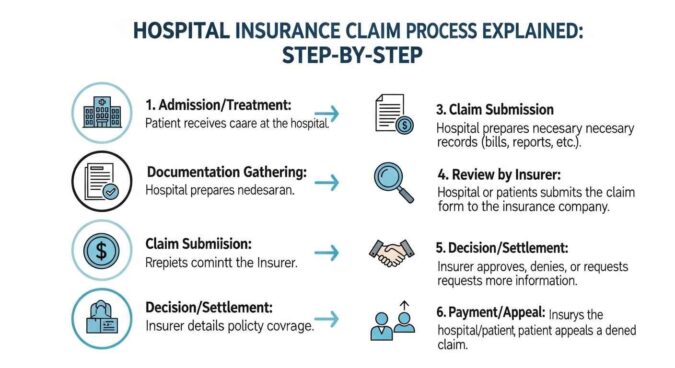 Step-by-step guide showing the hospital insurance claim process, including document submission, insurer review, and patient reimbursement