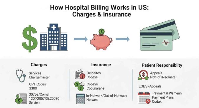 Diagram showing how hospital billing works in the US, including charges, insurance payments, and patient responsibility