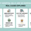 Infographic explaining why hospital bills are expensive in the US, including insurance negotiations, chargemaster, and patient costs