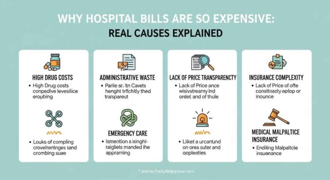Infographic explaining why hospital bills are expensive in the US, including insurance negotiations, chargemaster, and patient costs